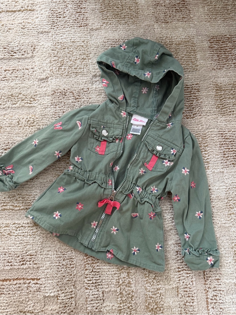 Little Lass Olive Green Hooded Jacket with Pink Floral Accents
